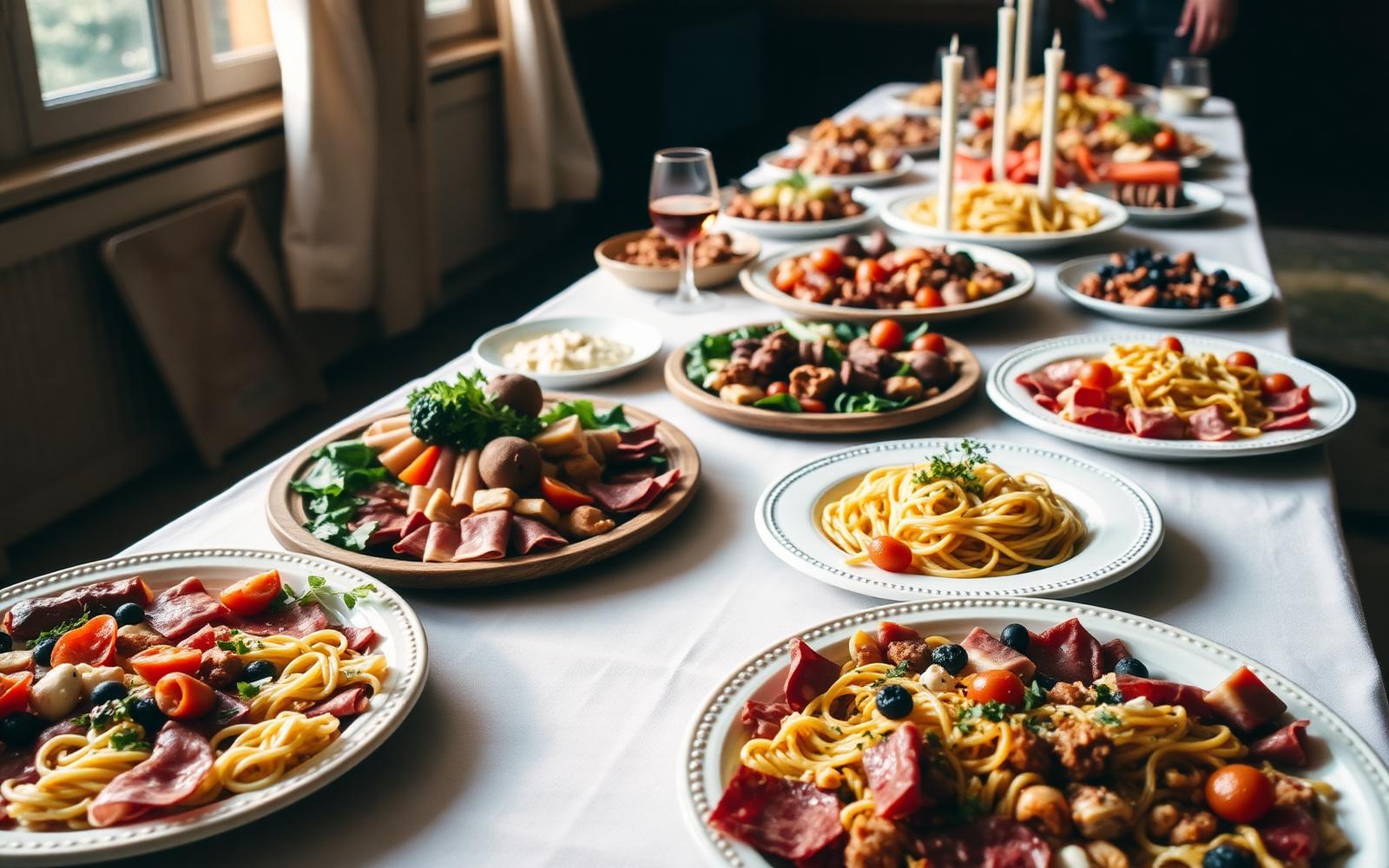 Long table of antipasti and pasta platters set for a large celebration