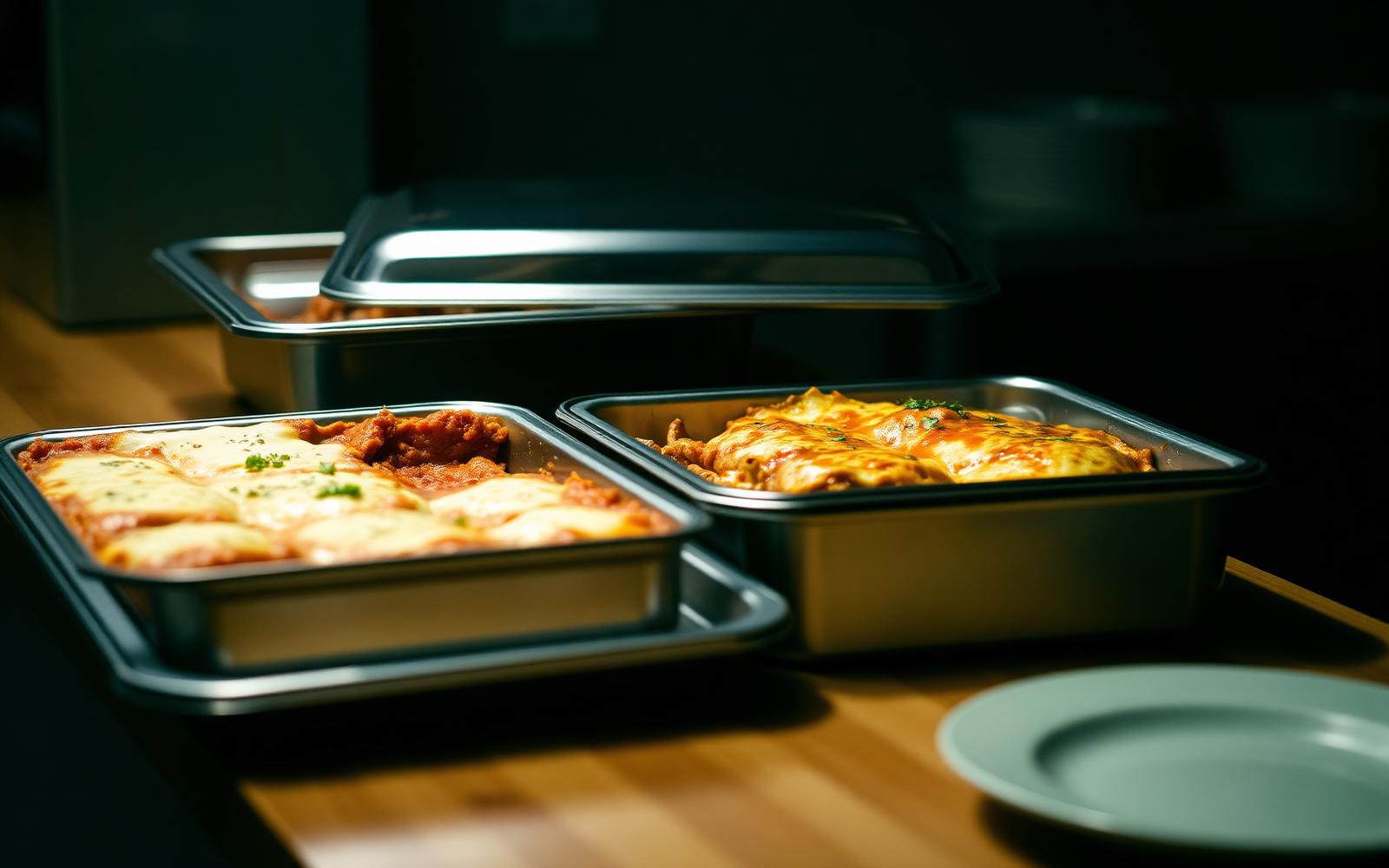 Trays of lasagna and chicken parmigiana ready for office delivery