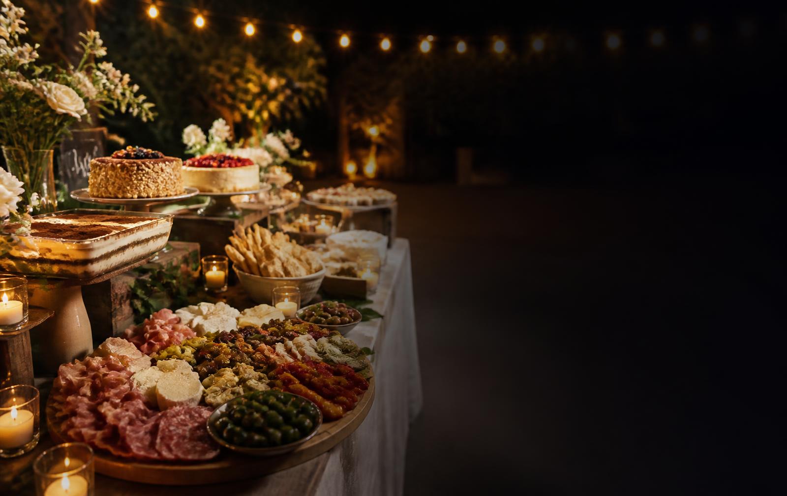 Family-style antipasti platters and a dolci table of cakes and tiramisu under string lights at an evening wedding