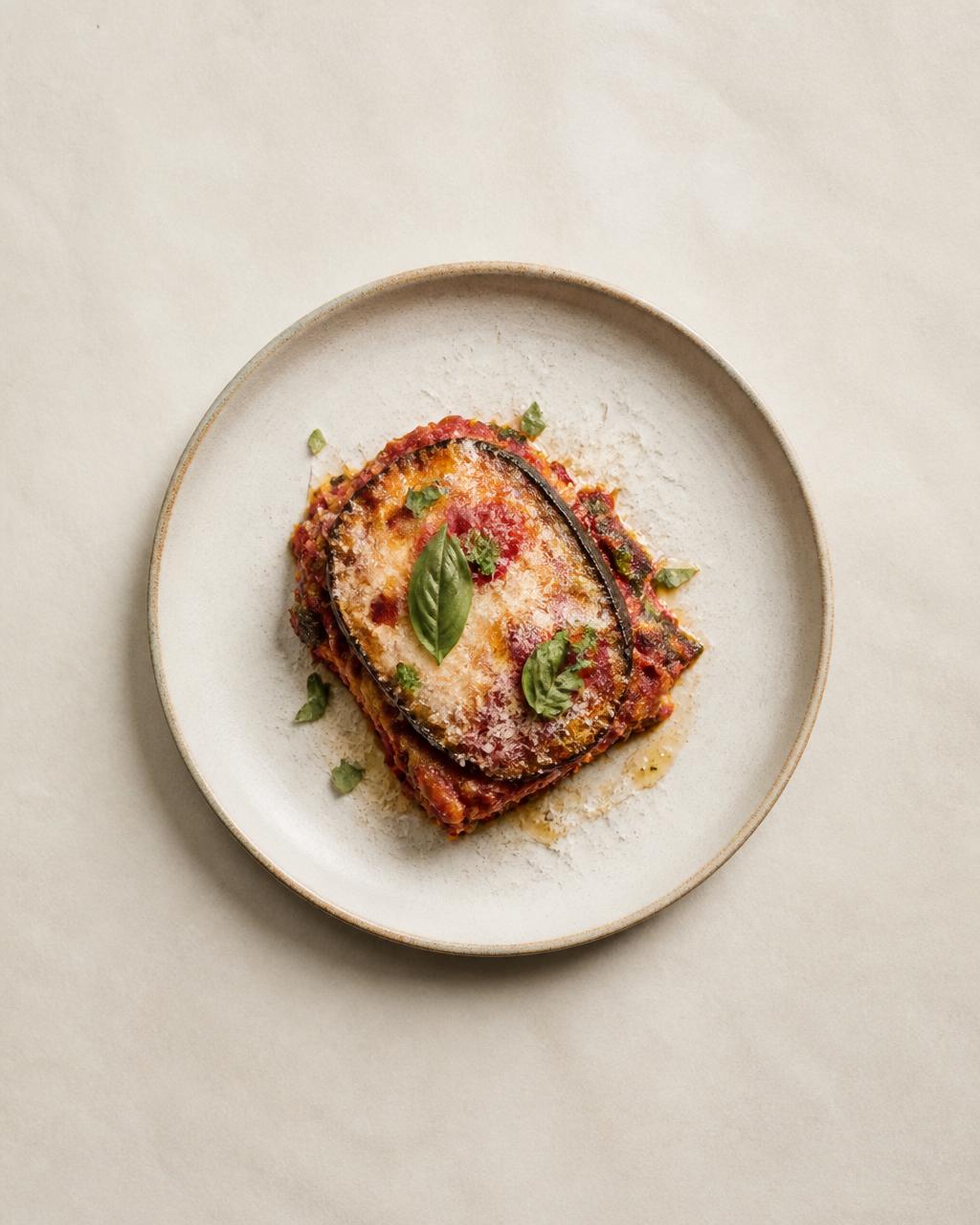 Layered lasagna bolognese with béchamel, cut and served in a copper dish