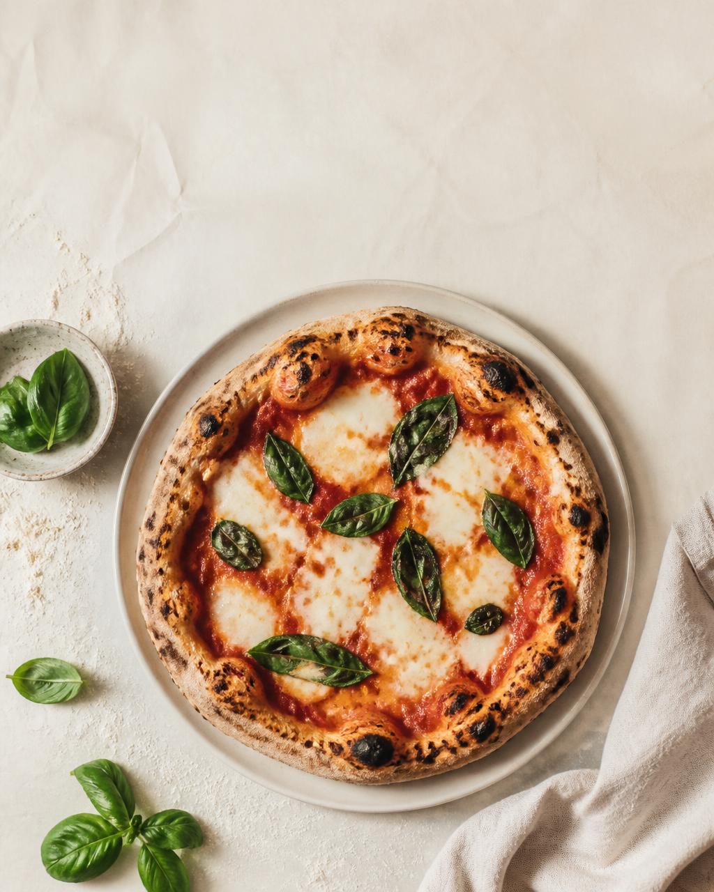 Overhead view of a blistered Neapolitan margherita pizza with basil