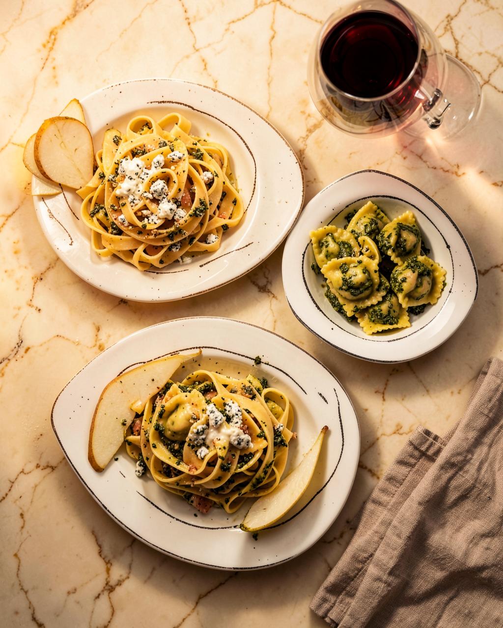 Overhead view of hand-rolled pasta plates and wine on marble